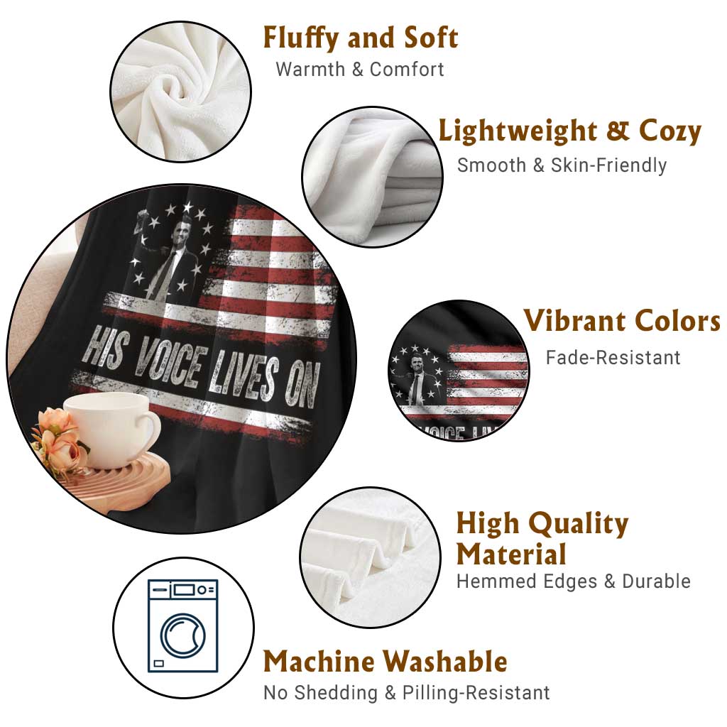 Charlie Kirk Memorial Throw Blanket His Voice Lives On Vintage Patriotic American Flag - Wonder Print Shop