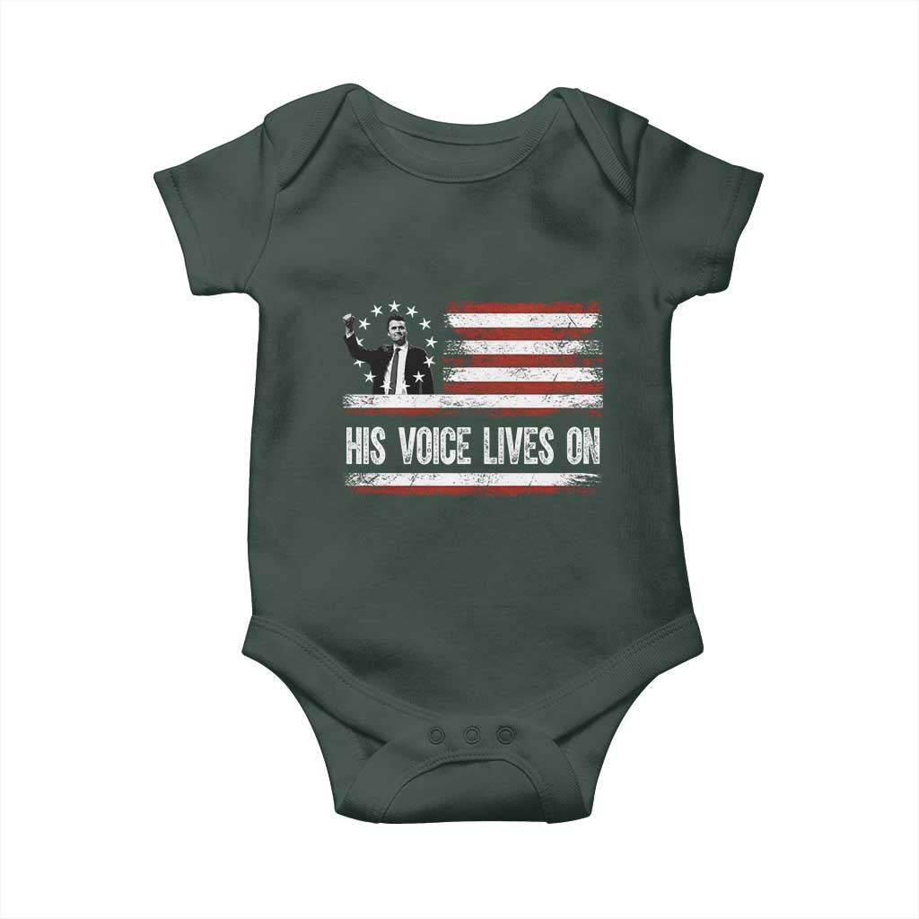 Charlie Kirk Memorial Baby Onesie His Voice Lives On Vintage Patriotic American Flag - Wonder Print Shop
