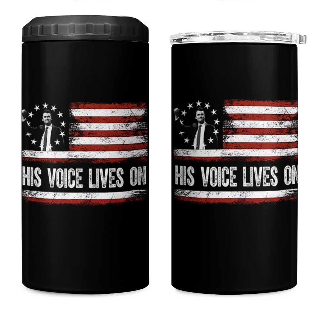 Charlie Kirk Memorial 4 in 1 Can Cooler Tumbler His Voice Lives On Vintage Patriotic American Flag - Wonder Print Shop