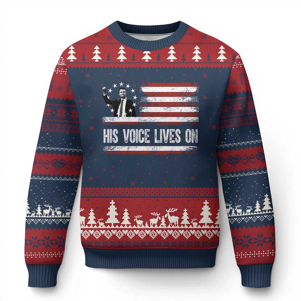 Charlie Kirk Memorial Ugly Christmas Sweater His Voice Lives On Vintage Patriotic American Flag - Wonder Print Shop