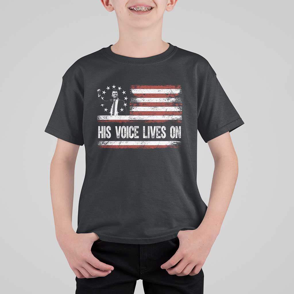 Charlie Kirk Memorial T Shirt For Kid His Voice Lives On Vintage Patriotic American Flag - Wonder Print Shop