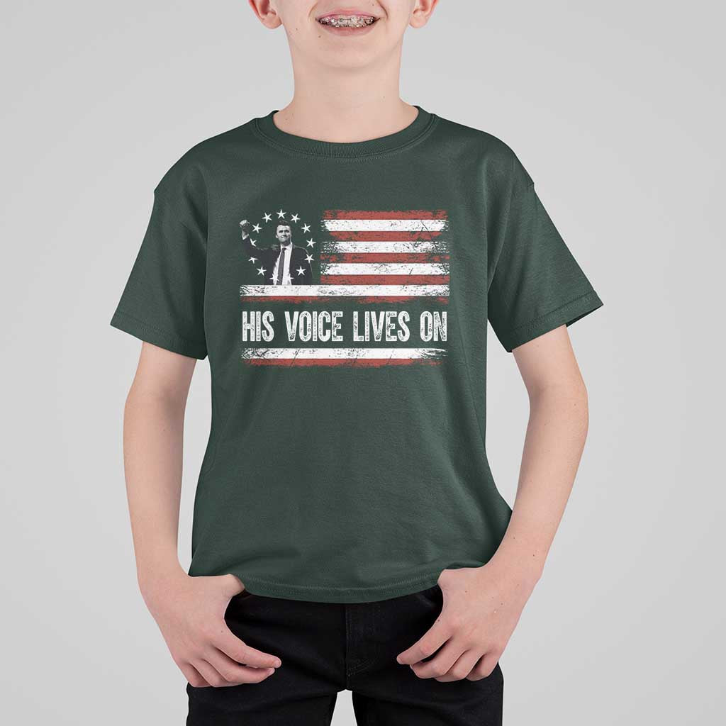 Charlie Kirk Memorial T Shirt For Kid His Voice Lives On Vintage Patriotic American Flag - Wonder Print Shop