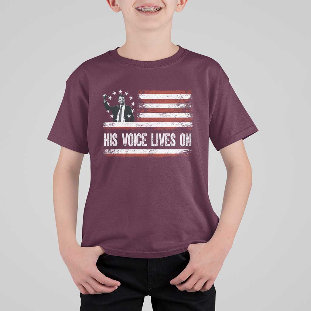 Charlie Kirk Memorial T Shirt For Kid His Voice Lives On Vintage Patriotic American Flag - Wonder Print Shop