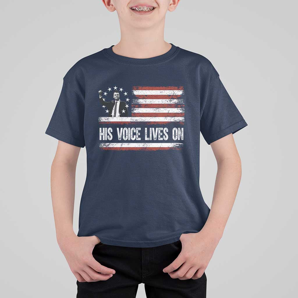 Charlie Kirk Memorial T Shirt For Kid His Voice Lives On Vintage Patriotic American Flag - Wonder Print Shop