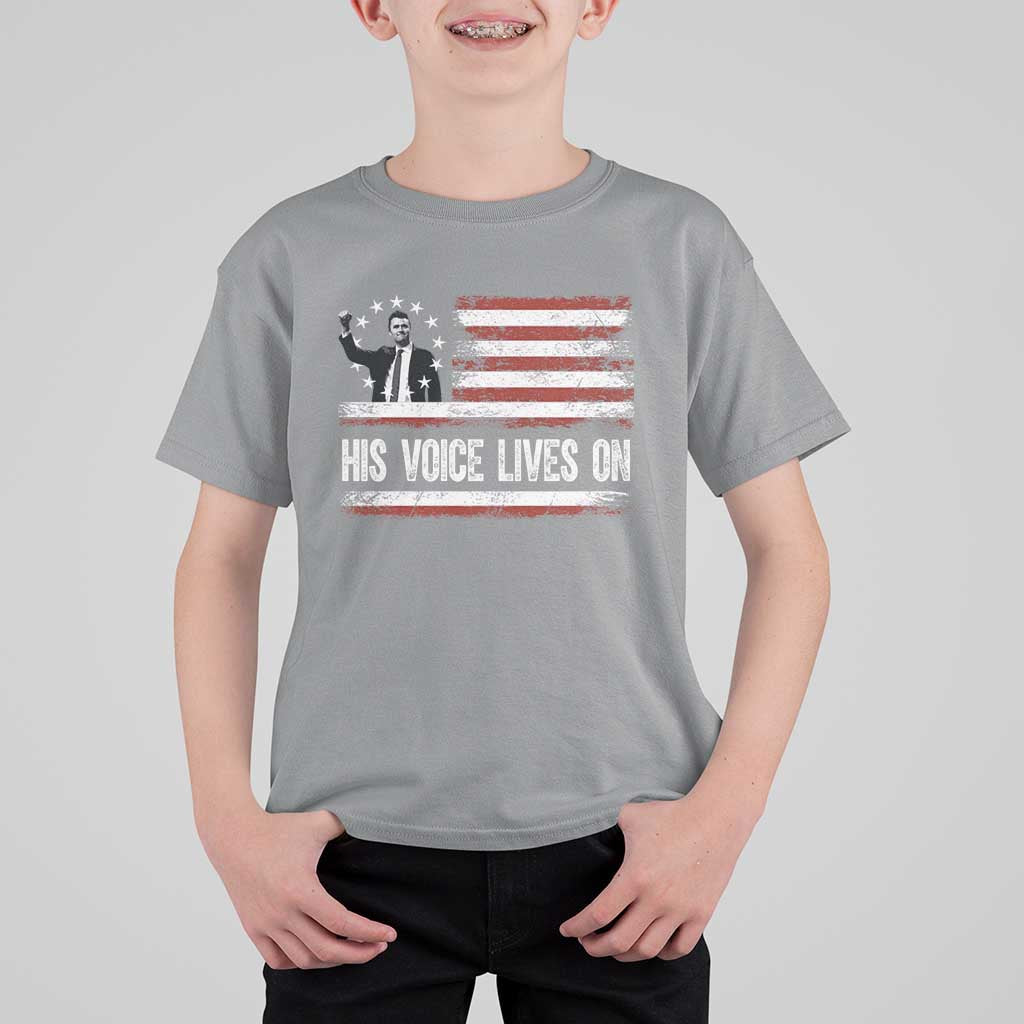 Charlie Kirk Memorial T Shirt For Kid His Voice Lives On Vintage Patriotic American Flag - Wonder Print Shop