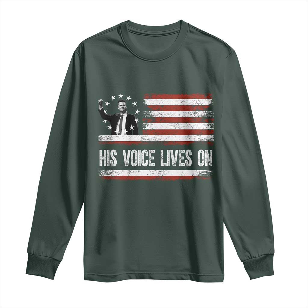 Charlie Kirk Memorial Long Sleeve Shirt His Voice Lives On Vintage Patriotic American Flag - Wonder Print Shop