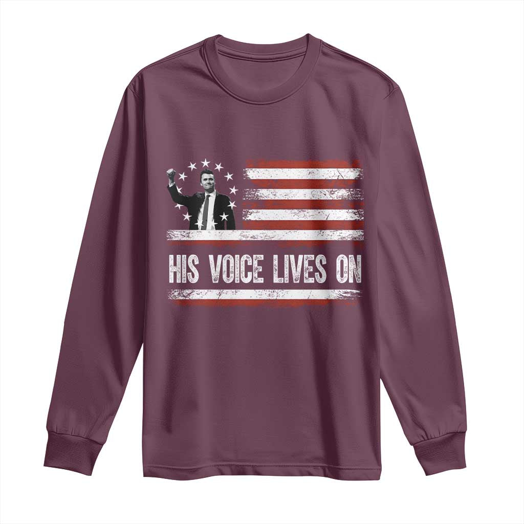 Charlie Kirk Memorial Long Sleeve Shirt His Voice Lives On Vintage Patriotic American Flag - Wonder Print Shop