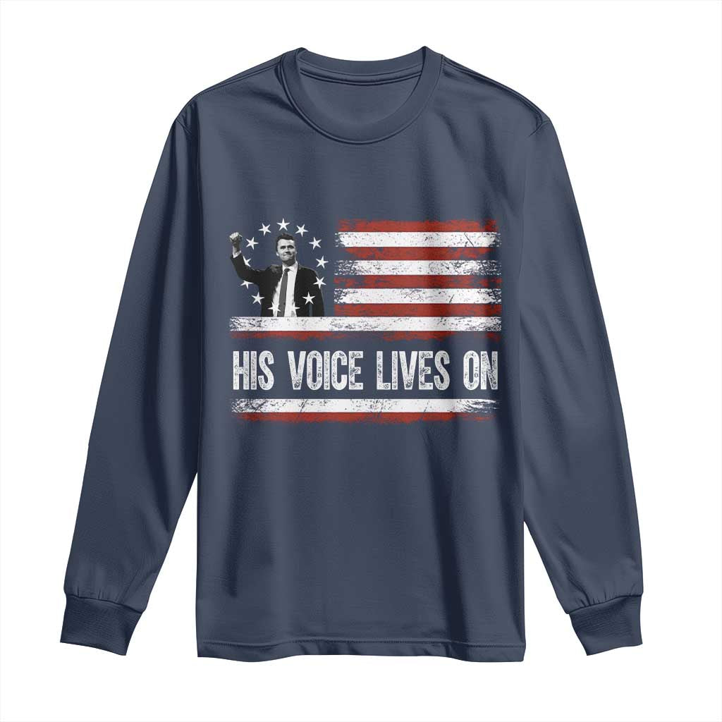 Charlie Kirk Memorial Long Sleeve Shirt His Voice Lives On Vintage Patriotic American Flag - Wonder Print Shop