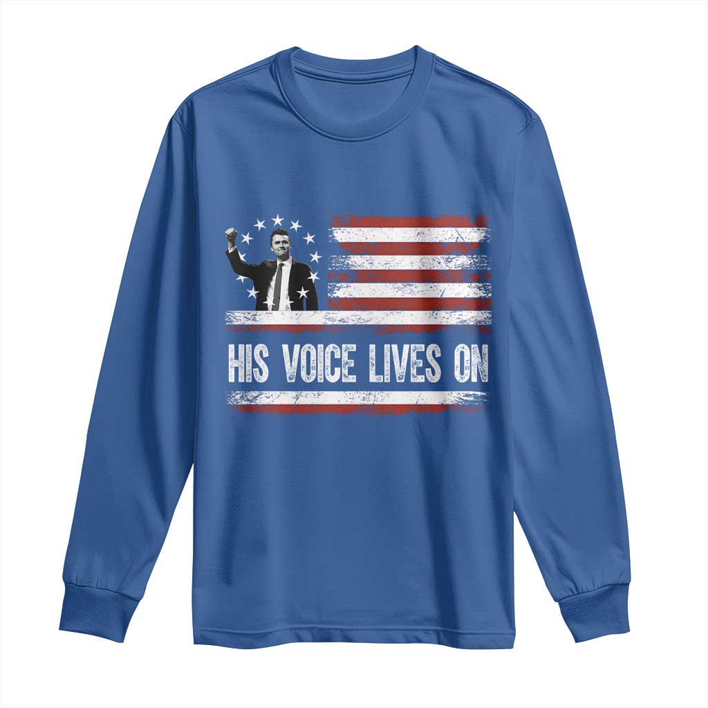 Charlie Kirk Memorial Long Sleeve Shirt His Voice Lives On Vintage Patriotic American Flag - Wonder Print Shop