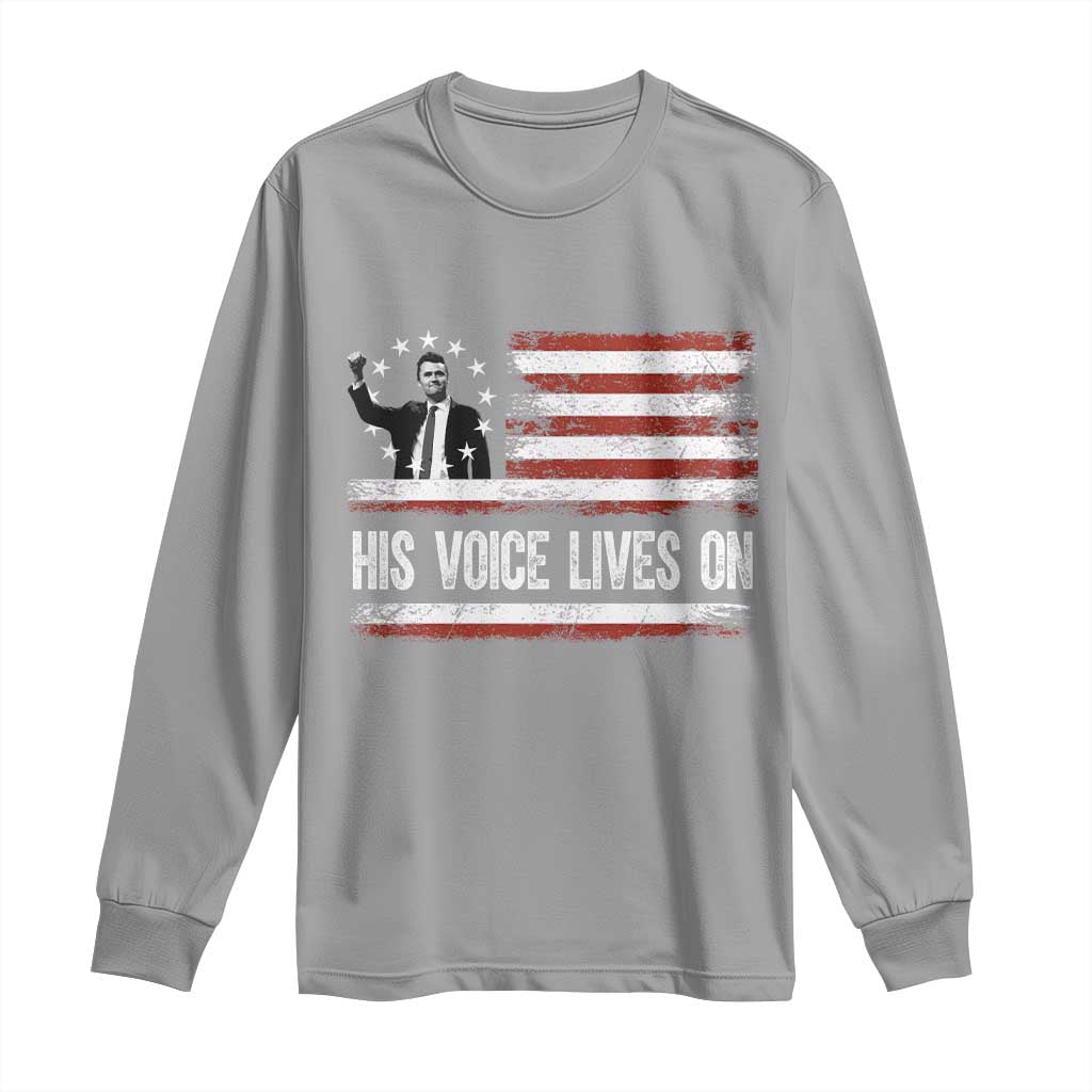 Charlie Kirk Memorial Long Sleeve Shirt His Voice Lives On Vintage Patriotic American Flag - Wonder Print Shop