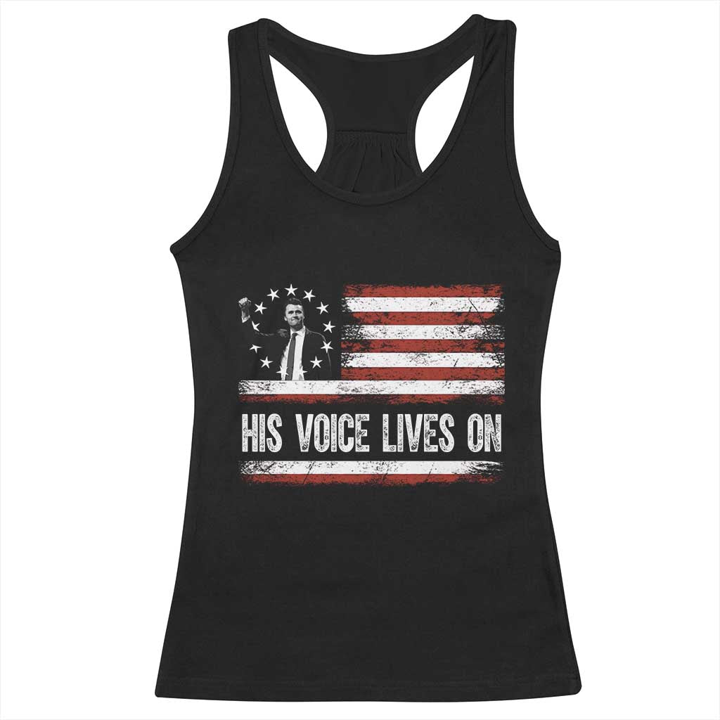Charlie Kirk Memorial Racerback Tank Top His Voice Lives On Vintage Patriotic American Flag - Wonder Print Shop