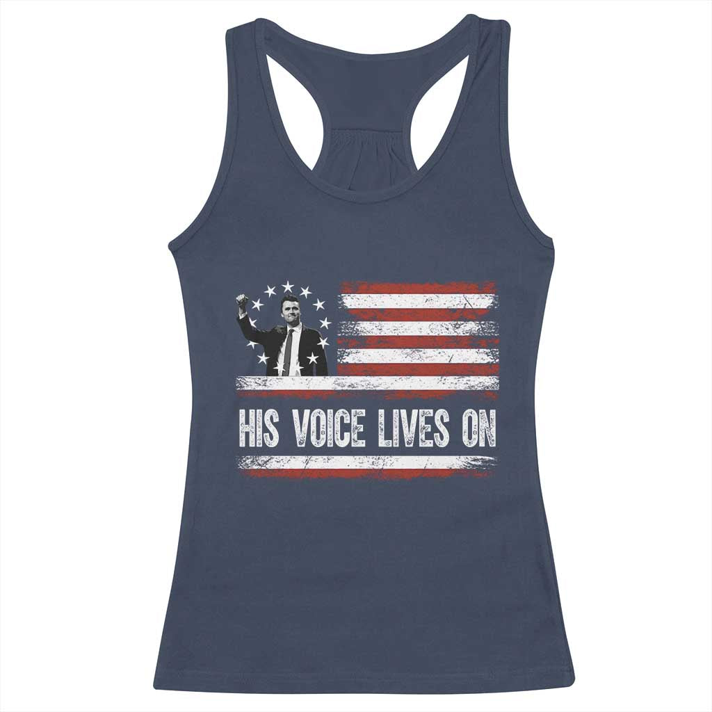 Charlie Kirk Memorial Racerback Tank Top His Voice Lives On Vintage Patriotic American Flag - Wonder Print Shop