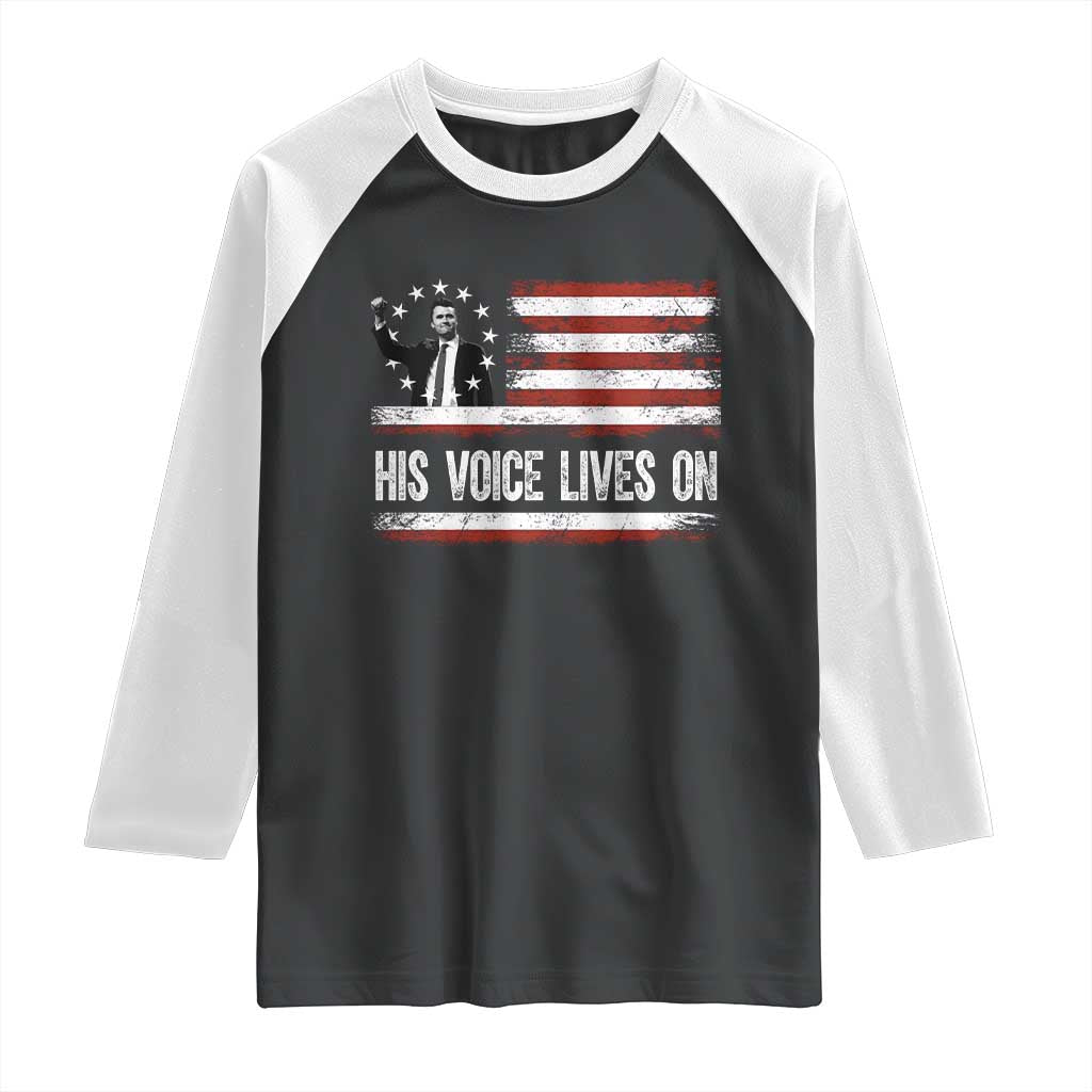 Charlie Kirk Memorial Raglan Shirt His Voice Lives On Vintage Patriotic American Flag - Wonder Print Shop
