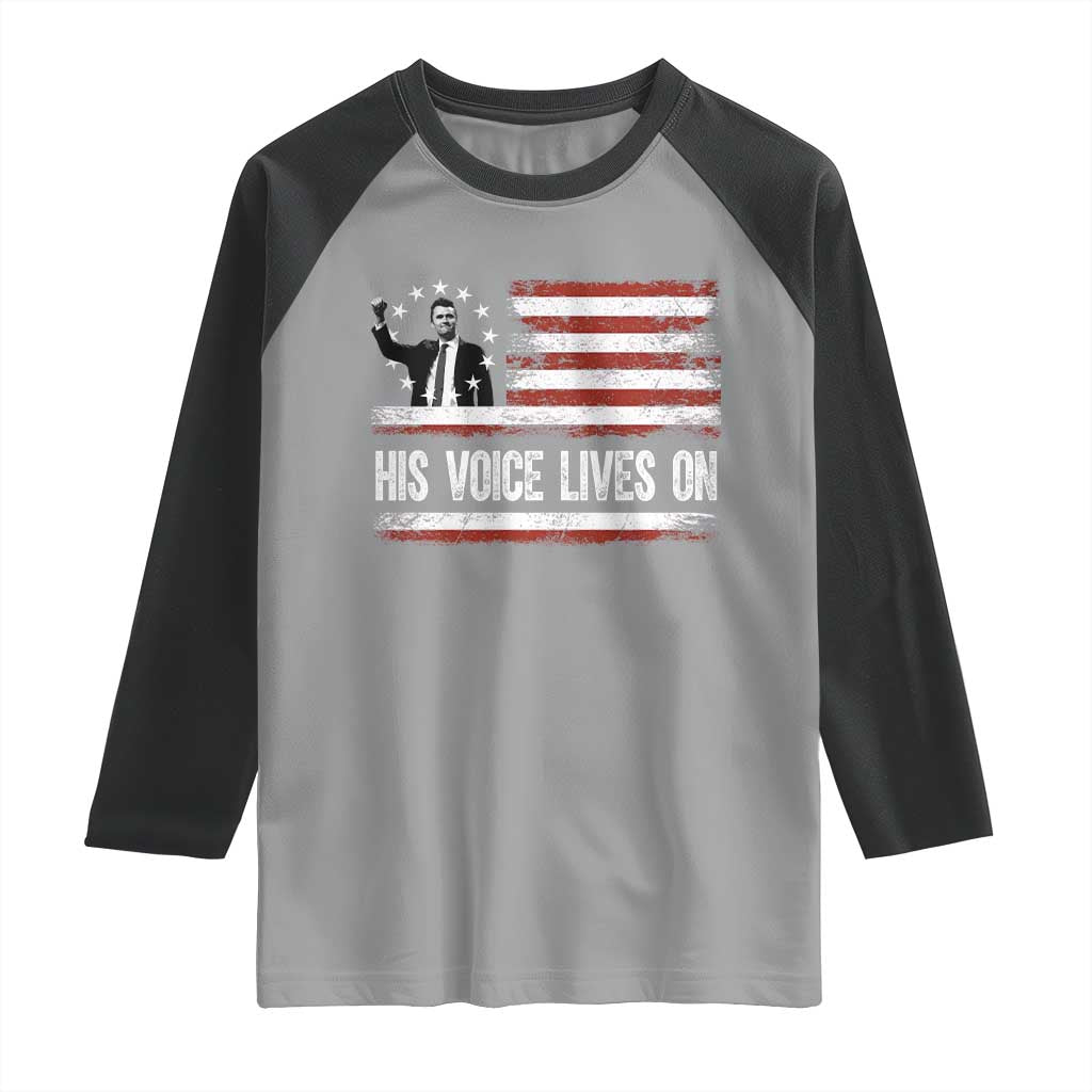 Charlie Kirk Memorial Raglan Shirt His Voice Lives On Vintage Patriotic American Flag - Wonder Print Shop