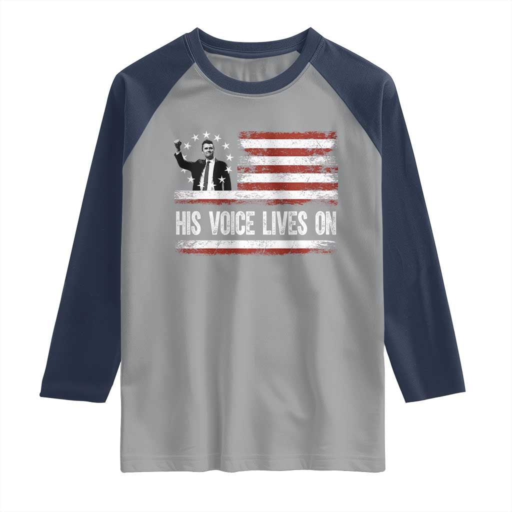 Charlie Kirk Memorial Raglan Shirt His Voice Lives On Vintage Patriotic American Flag - Wonder Print Shop