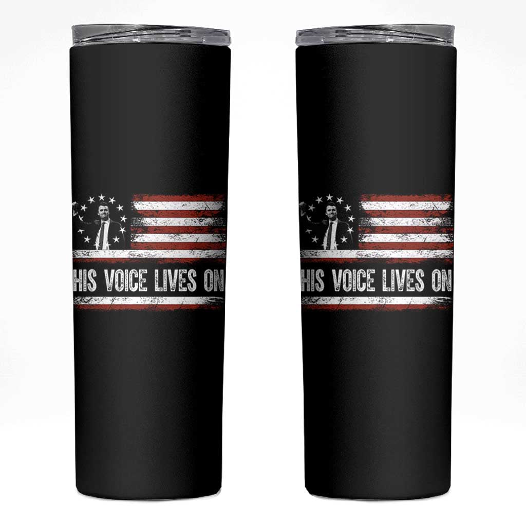 Charlie Kirk Memorial Skinny Tumbler His Voice Lives On Vintage Patriotic American Flag - Wonder Print Shop