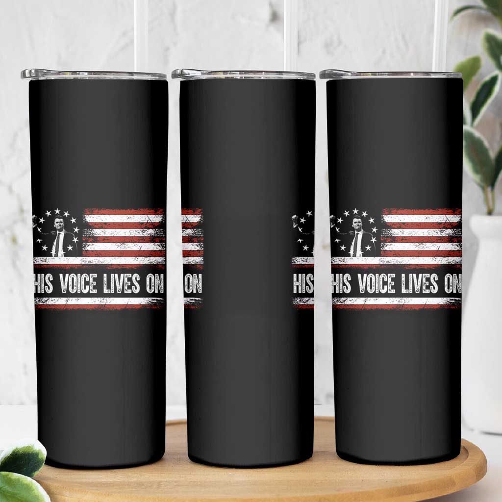 Charlie Kirk Memorial Skinny Tumbler His Voice Lives On Vintage Patriotic American Flag - Wonder Print Shop
