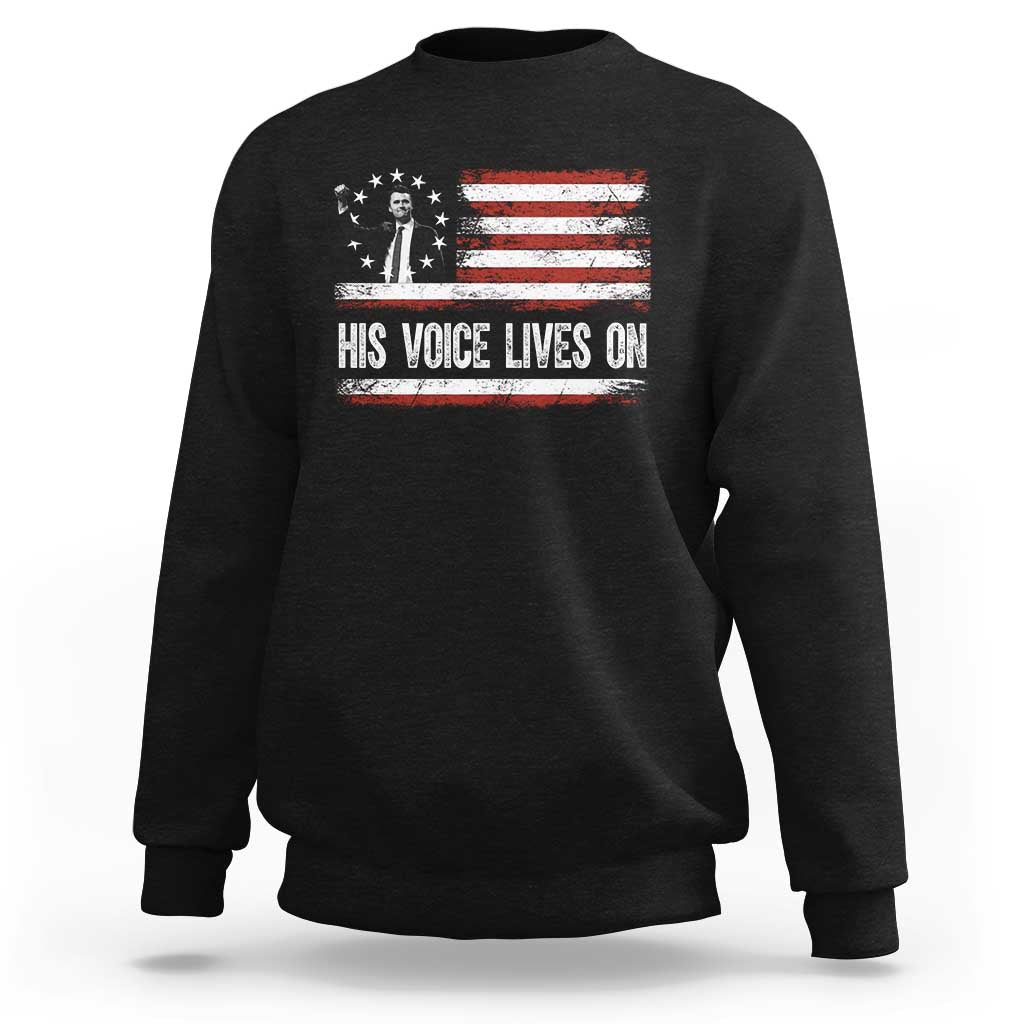 Charlie Kirk Memorial Sweatshirt His Voice Lives On Vintage Patriotic American Flag - Wonder Print Shop