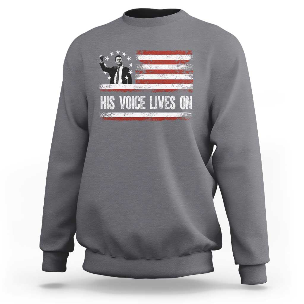 Charlie Kirk Memorial Sweatshirt His Voice Lives On Vintage Patriotic American Flag - Wonder Print Shop