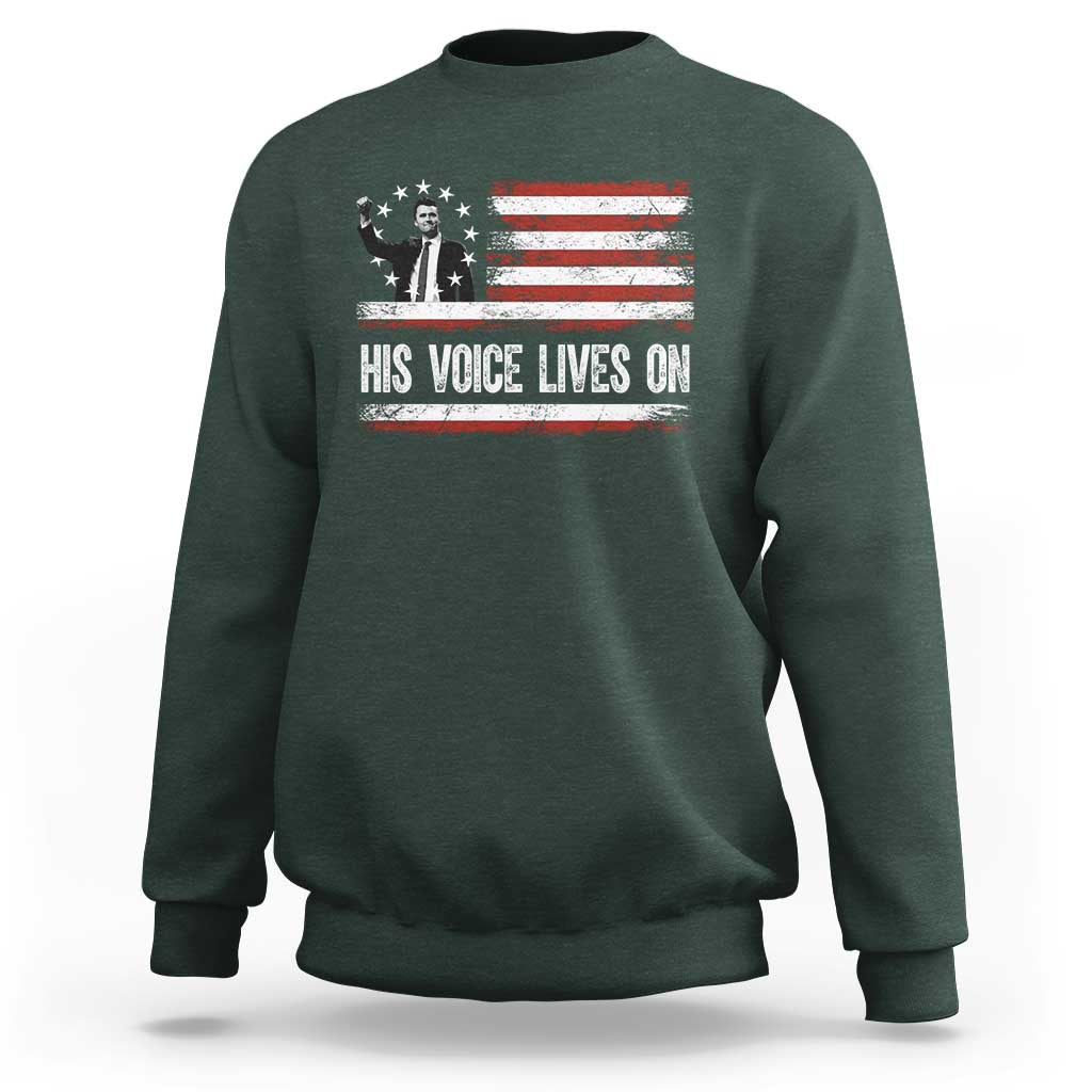 Charlie Kirk Memorial Sweatshirt His Voice Lives On Vintage Patriotic American Flag - Wonder Print Shop