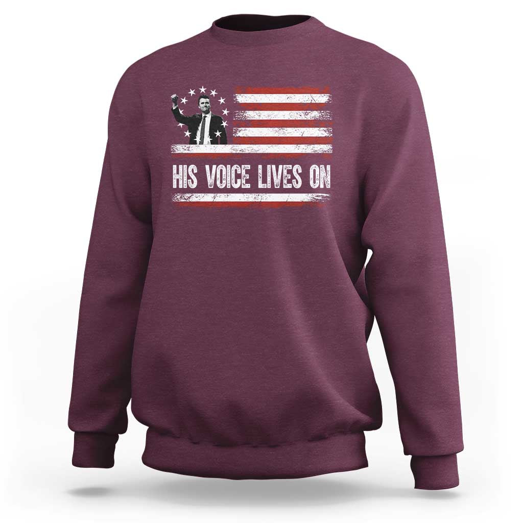 Charlie Kirk Memorial Sweatshirt His Voice Lives On Vintage Patriotic American Flag - Wonder Print Shop