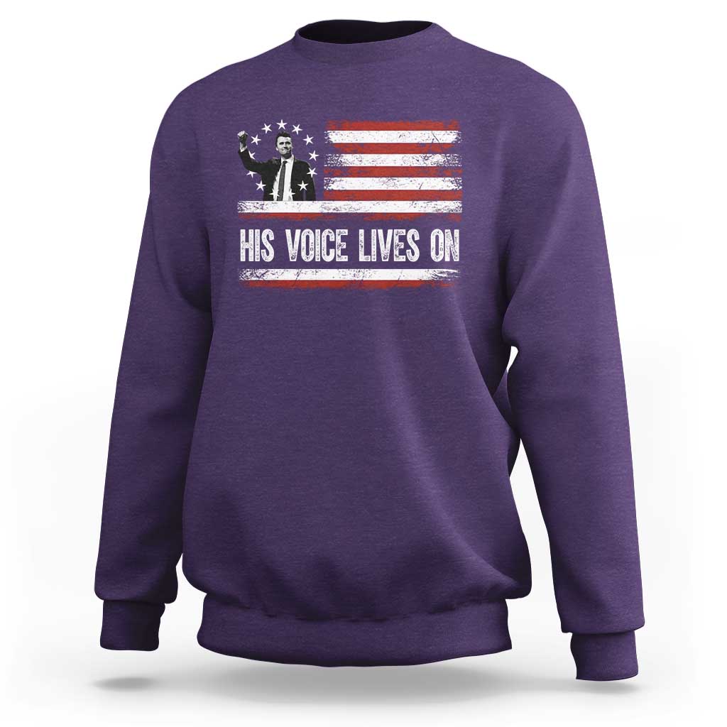 Charlie Kirk Memorial Sweatshirt His Voice Lives On Vintage Patriotic American Flag - Wonder Print Shop