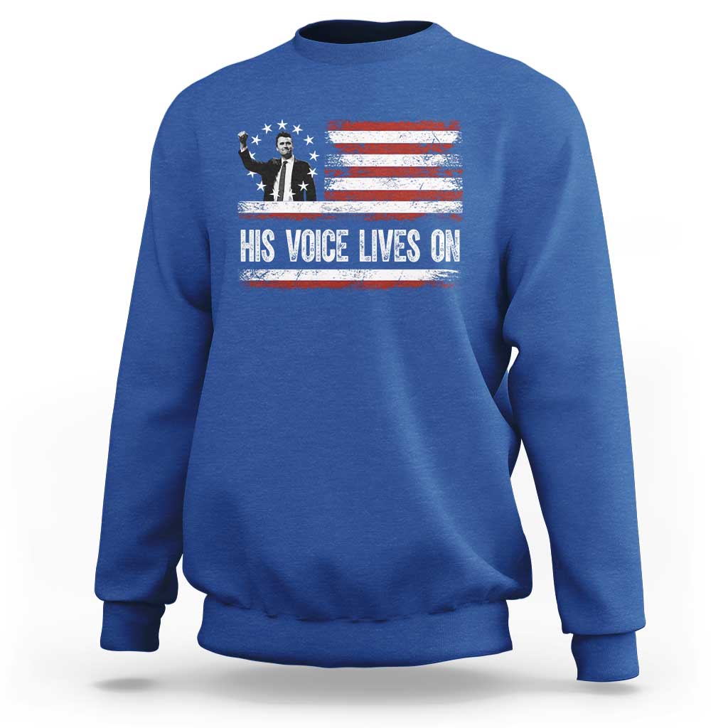 Charlie Kirk Memorial Sweatshirt His Voice Lives On Vintage Patriotic American Flag - Wonder Print Shop