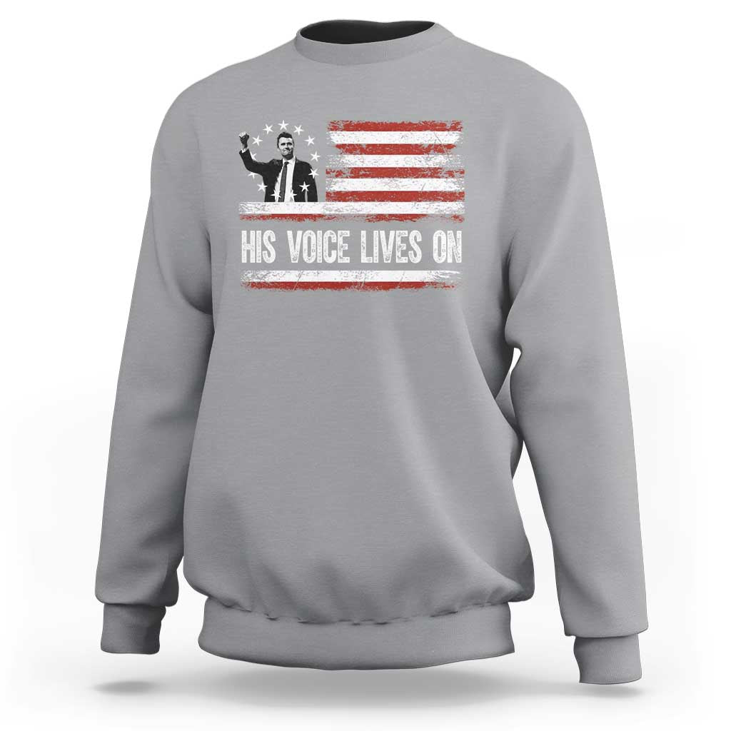Charlie Kirk Memorial Sweatshirt His Voice Lives On Vintage Patriotic American Flag - Wonder Print Shop