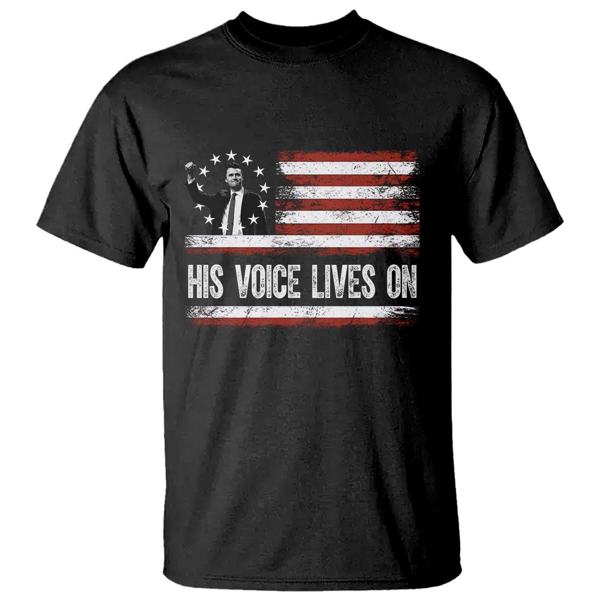 Charlie Kirk Memorial T Shirt His Voice Lives On Vintage Patriotic American Flag - Wonder Print Shop