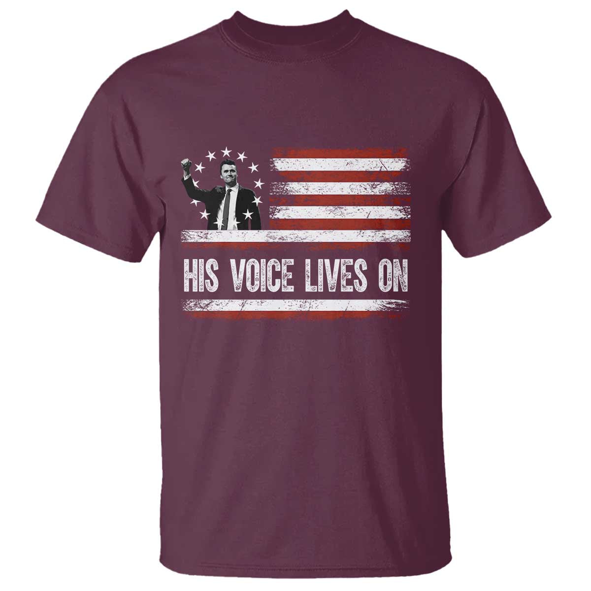 Charlie Kirk Memorial T Shirt His Voice Lives On Vintage Patriotic American Flag - Wonder Print Shop