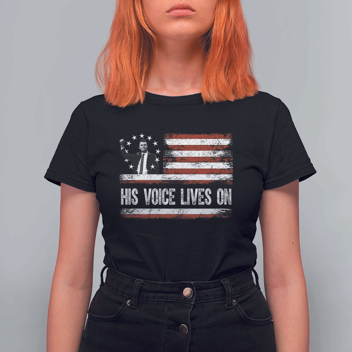 Charlie Kirk Memorial T Shirt For Women His Voice Lives On Vintage Patriotic American Flag - Wonder Print Shop