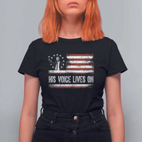 Charlie Kirk Memorial T Shirt For Women His Voice Lives On Vintage Patriotic American Flag - Wonder Print Shop