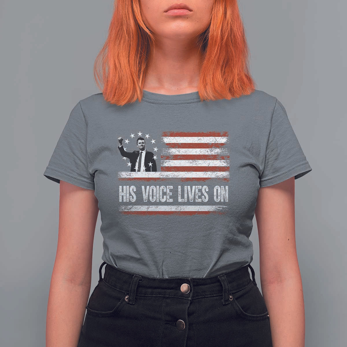 Charlie Kirk Memorial T Shirt For Women His Voice Lives On Vintage Patriotic American Flag - Wonder Print Shop