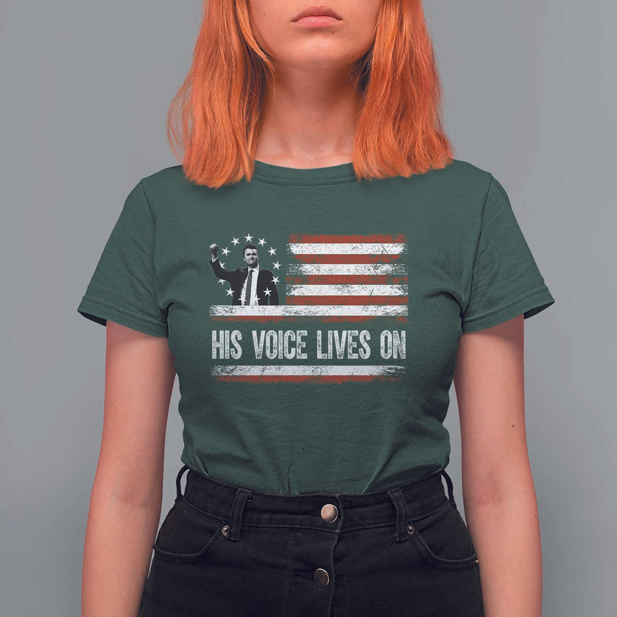 Charlie Kirk Memorial T Shirt For Women His Voice Lives On Vintage Patriotic American Flag - Wonder Print Shop