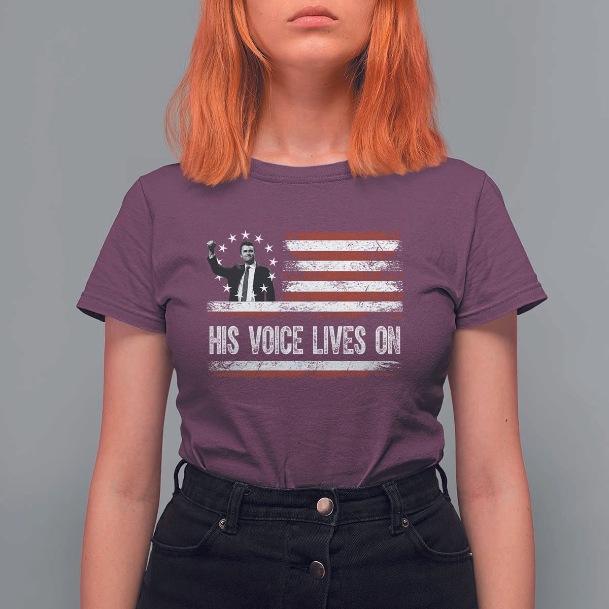 Charlie Kirk Memorial T Shirt For Women His Voice Lives On Vintage Patriotic American Flag - Wonder Print Shop