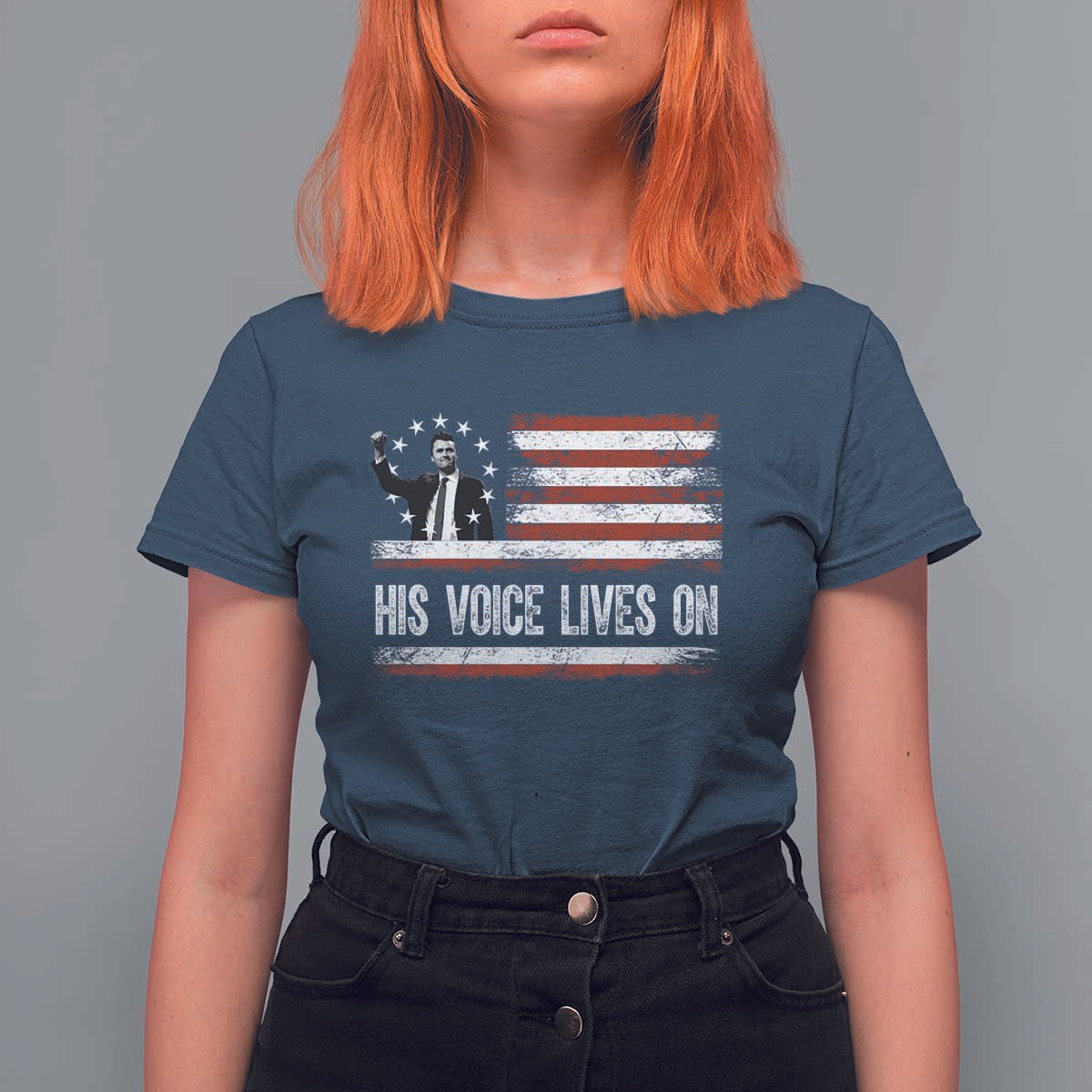 Charlie Kirk Memorial T Shirt For Women His Voice Lives On Vintage Patriotic American Flag - Wonder Print Shop