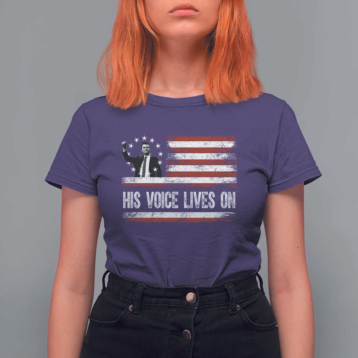 Charlie Kirk Memorial T Shirt For Women His Voice Lives On Vintage Patriotic American Flag - Wonder Print Shop