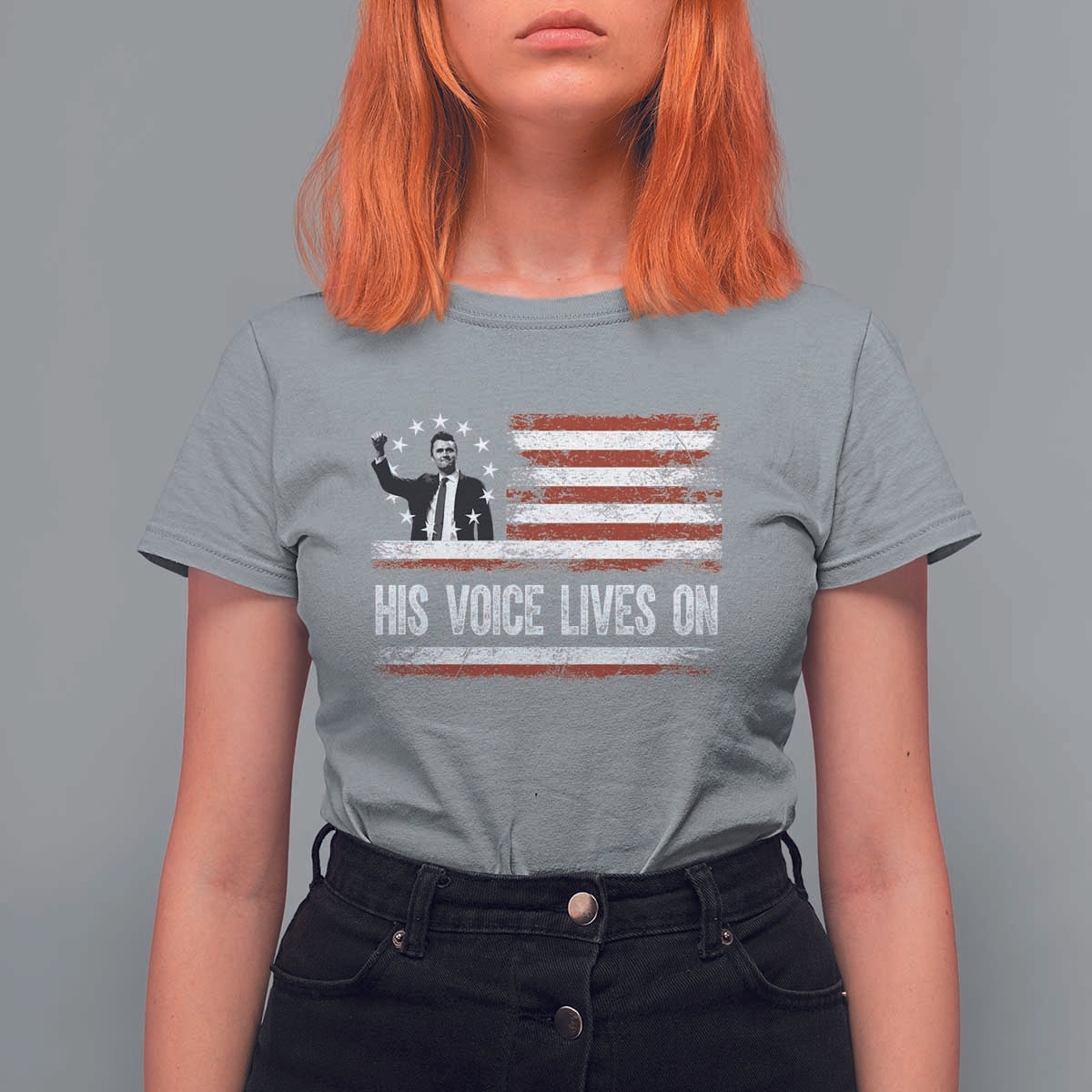 Charlie Kirk Memorial T Shirt For Women His Voice Lives On Vintage Patriotic American Flag - Wonder Print Shop