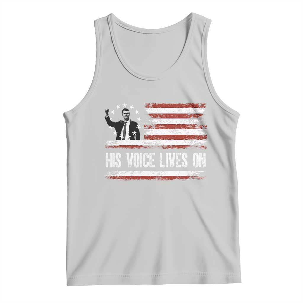 Charlie Kirk Memorial Tank Top His Voice Lives On Vintage Patriotic American Flag - Wonder Print Shop