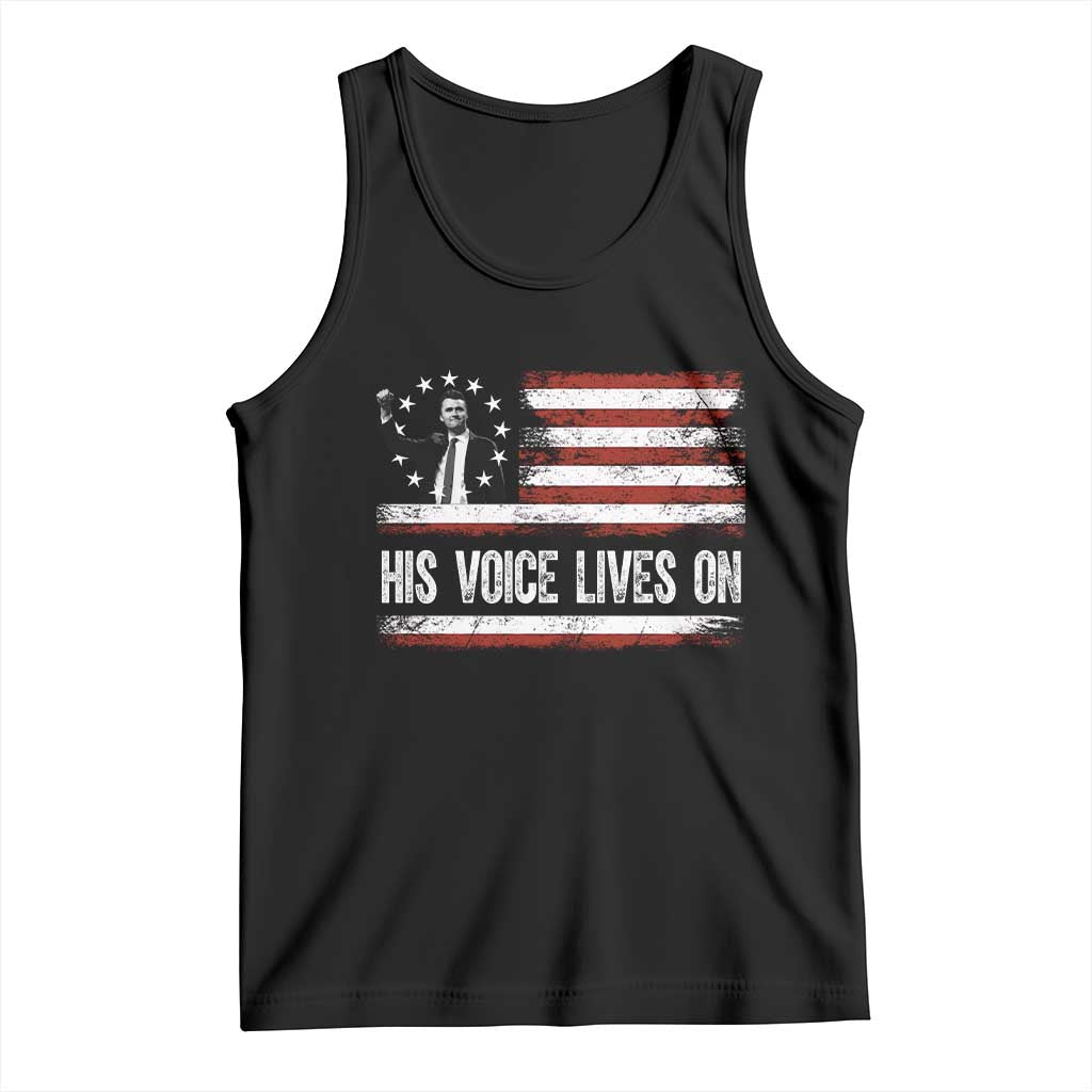 Charlie Kirk Memorial Tank Top His Voice Lives On Vintage Patriotic American Flag - Wonder Print Shop