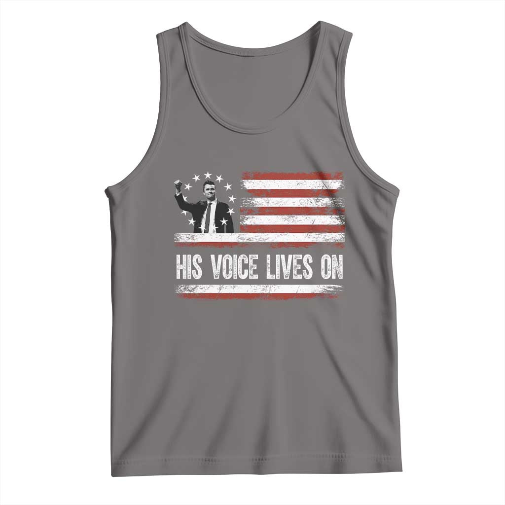 Charlie Kirk Memorial Tank Top His Voice Lives On Vintage Patriotic American Flag - Wonder Print Shop