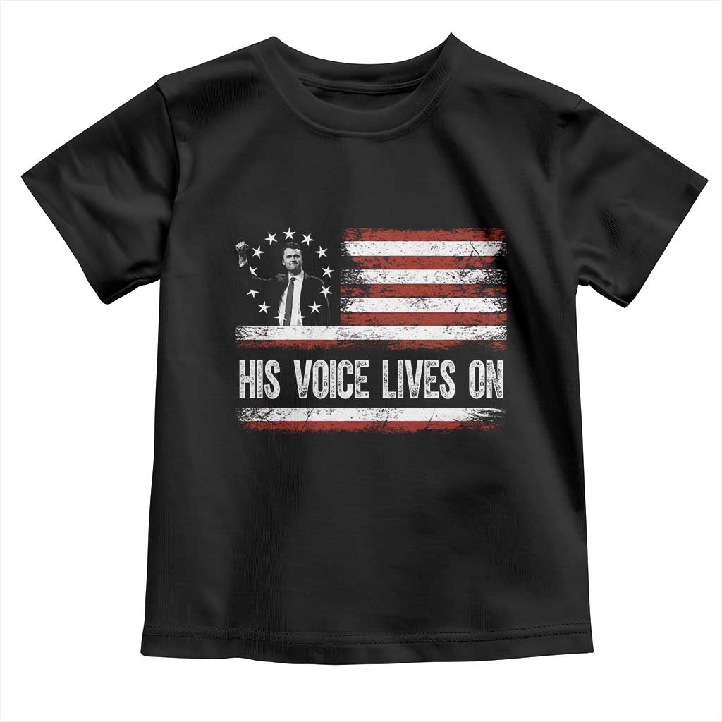 Charlie Kirk Memorial Toddler T Shirt His Voice Lives On Vintage Patriotic American Flag - Wonder Print Shop