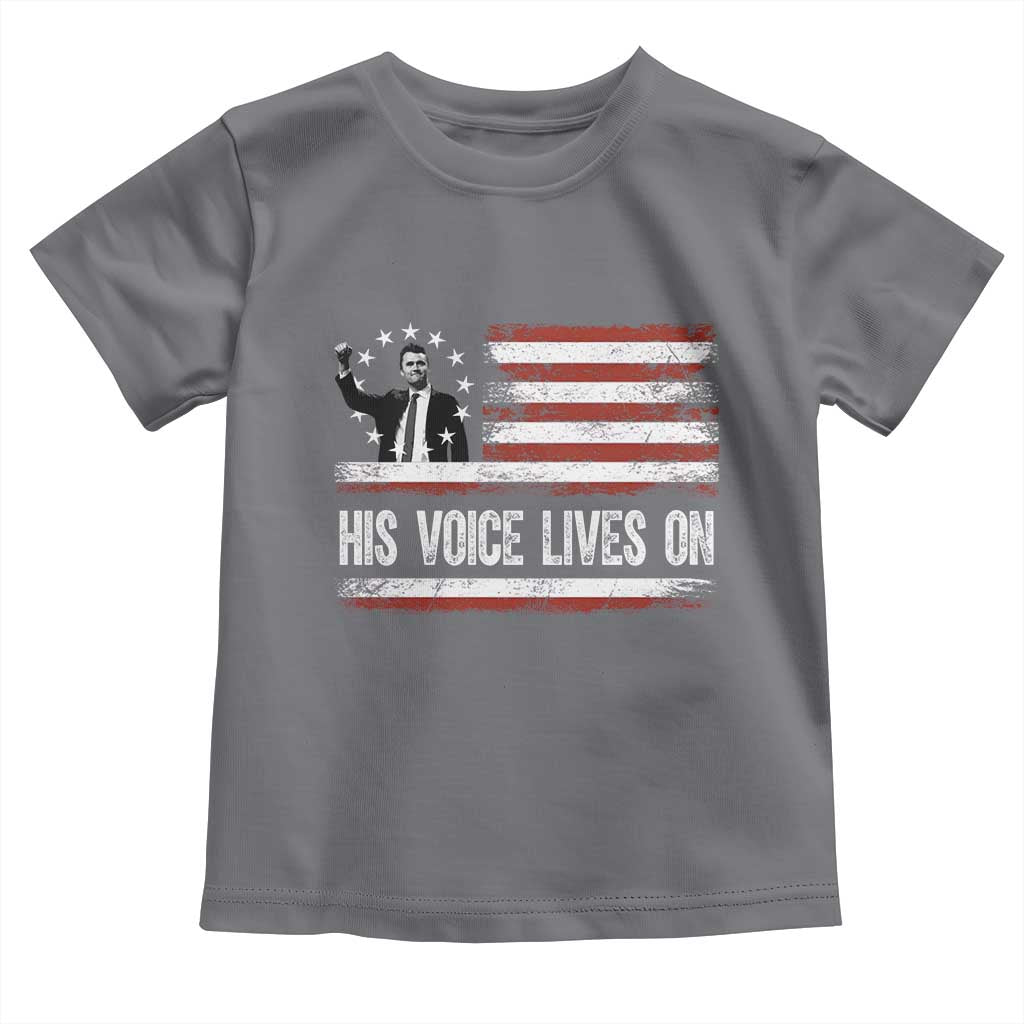 Charlie Kirk Memorial Toddler T Shirt His Voice Lives On Vintage Patriotic American Flag - Wonder Print Shop