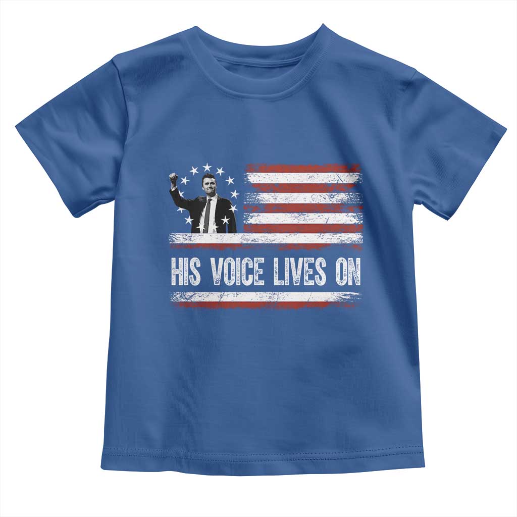 Charlie Kirk Memorial Toddler T Shirt His Voice Lives On Vintage Patriotic American Flag - Wonder Print Shop