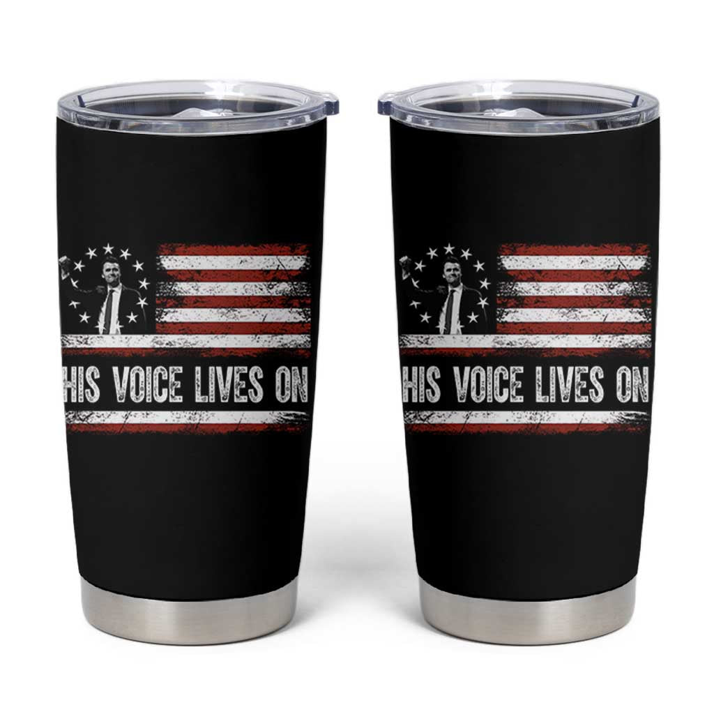 Charlie Kirk Memorial Tumbler Cup His Voice Lives On Vintage Patriotic American Flag - Wonder Print Shop