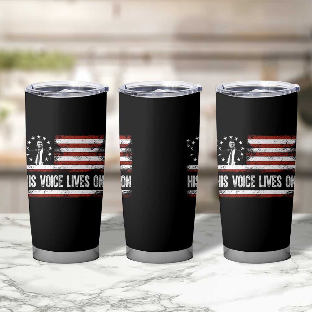 Charlie Kirk Memorial Tumbler Cup His Voice Lives On Vintage Patriotic American Flag - Wonder Print Shop