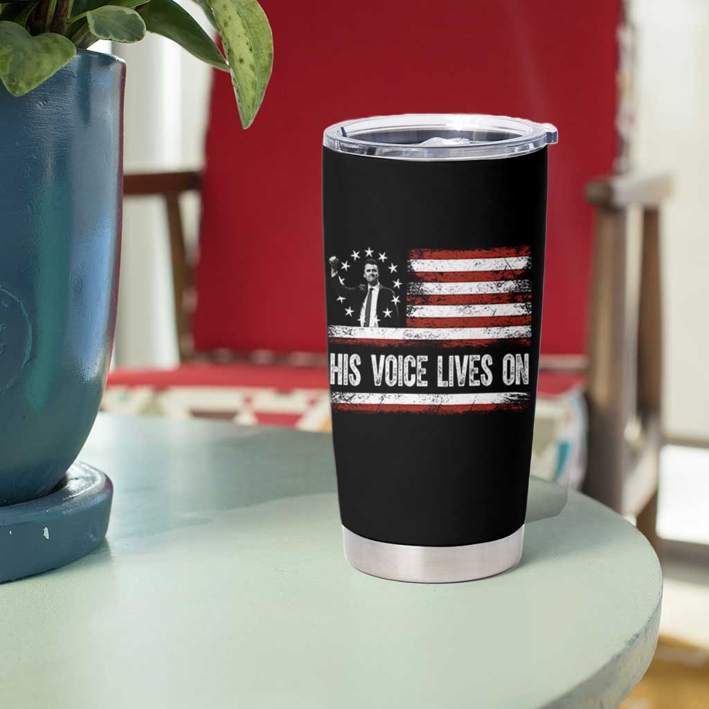 Charlie Kirk Memorial Tumbler Cup His Voice Lives On Vintage Patriotic American Flag - Wonder Print Shop