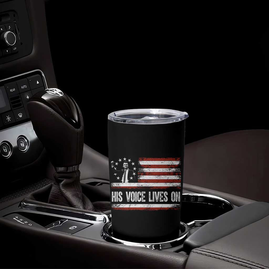 Charlie Kirk Memorial Tumbler Cup His Voice Lives On Vintage Patriotic American Flag - Wonder Print Shop