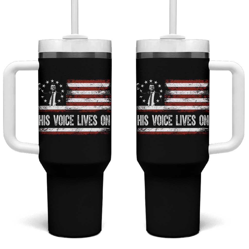 Charlie Kirk Memorial Tumbler With Handle His Voice Lives On Vintage Patriotic American Flag - Wonder Print Shop