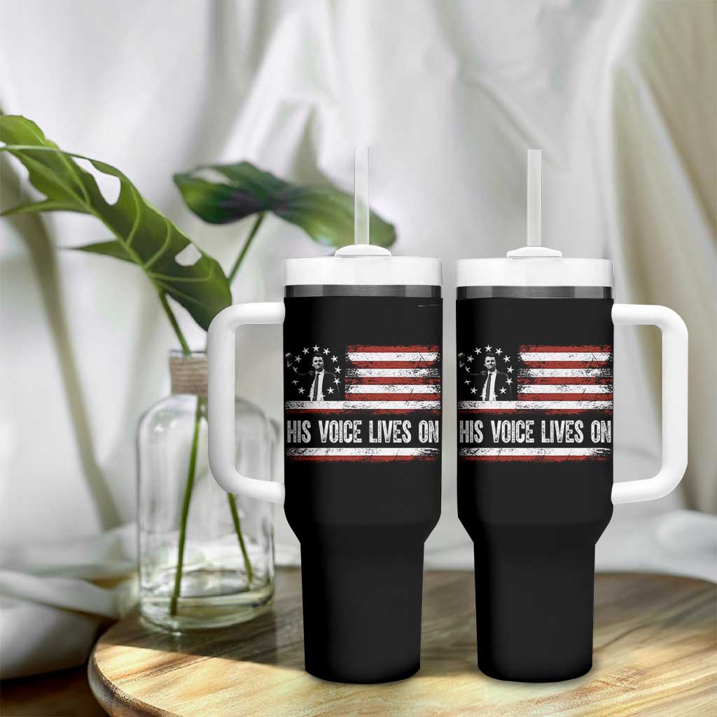 Charlie Kirk Memorial Tumbler With Handle His Voice Lives On Vintage Patriotic American Flag - Wonder Print Shop
